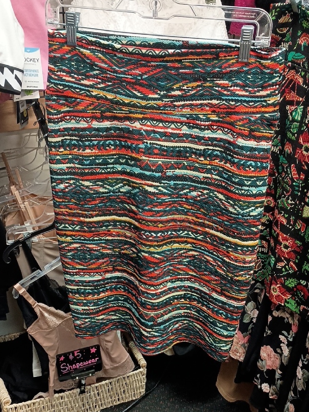 LuLaRoe Multicolor Aztec-Inspired Pencil Skirt in Teal, Red, Yellow